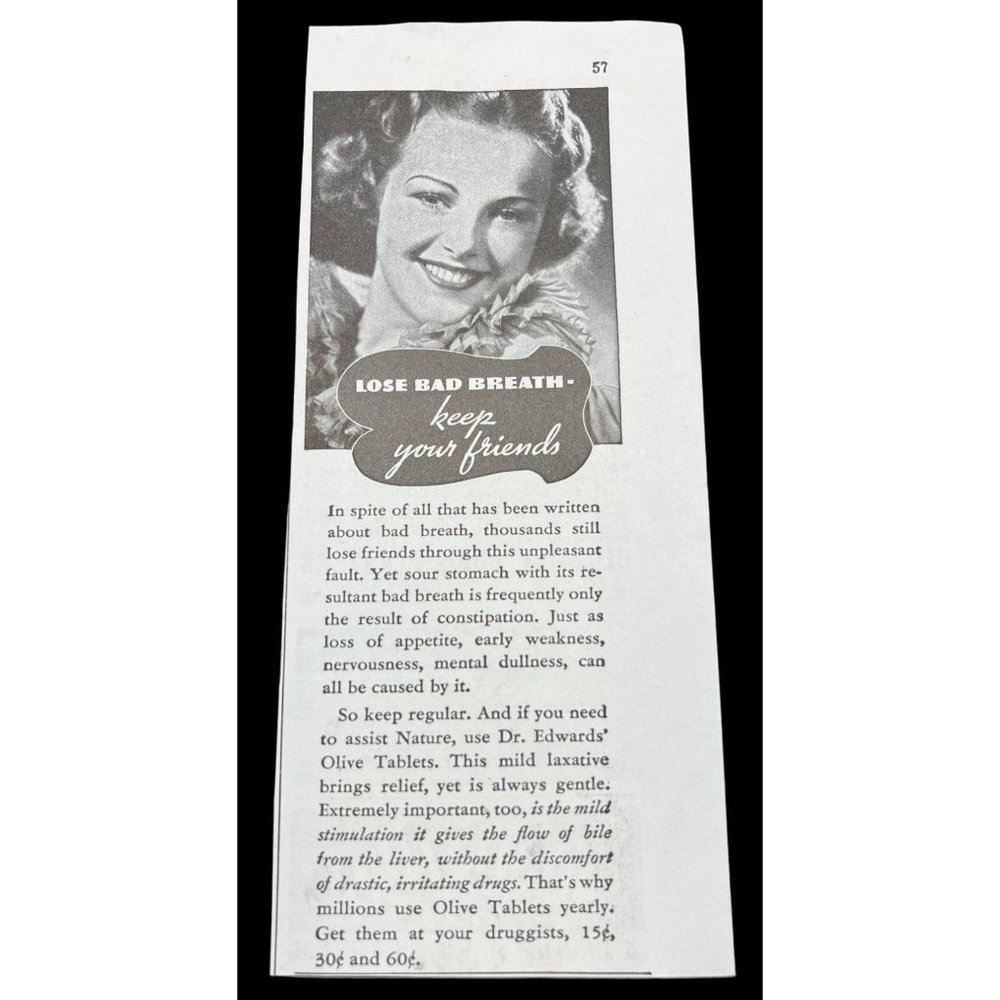 Dr Edwards Laxative Olive Tablets 1938 Vintage Print Ad Lose Bad Breath